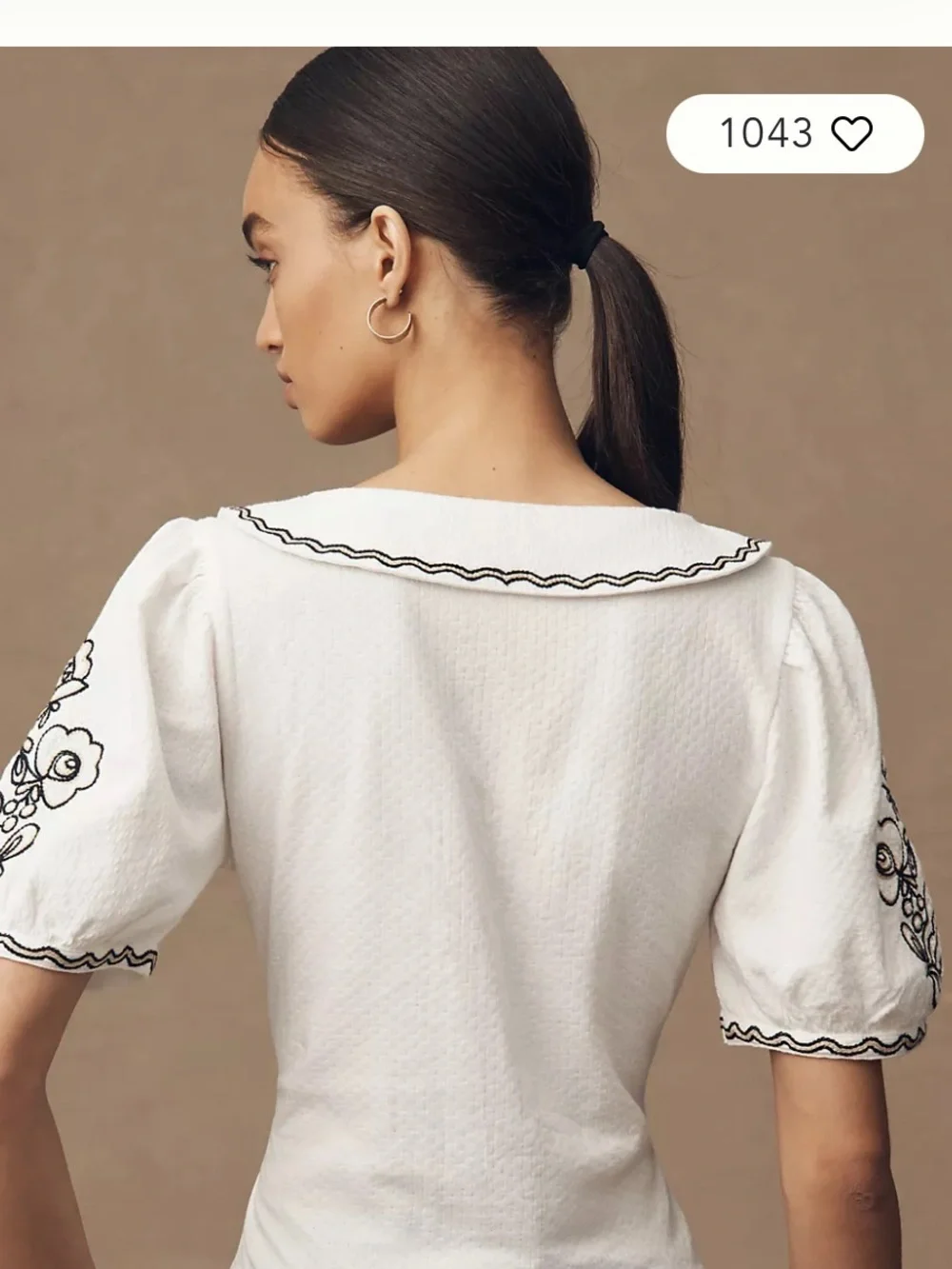 Anthropologie White Button-Front Blouse with Black Floral Embroidery small
